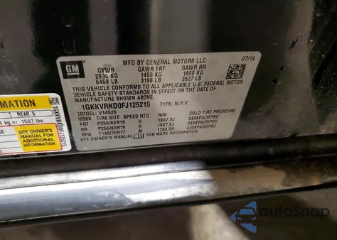 2015 GMC Acadia Slt-1 z USA, uszkodzony, nr VIN 1GKKVRKD0FJ125215